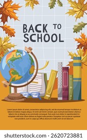 Flyer or banner with student supplies. Welcome back to school. Cartoon vector illustration