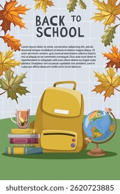 Flyer or banner with student supplies. Welcome back to school. Cartoon vector illustration