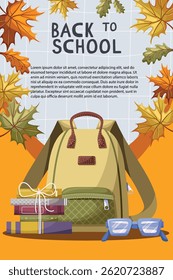 Flyer or banner with student supplies. Welcome back to school. Cartoon vector illustration
