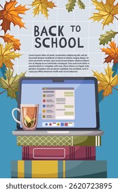 Flyer or banner with student supplies. Welcome back to school. Cartoon vector illustration