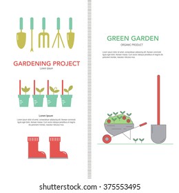 Flyer or banner template with gardening tools and elements. Flat background for garden centers, shops, market. Line style vector illustration. 