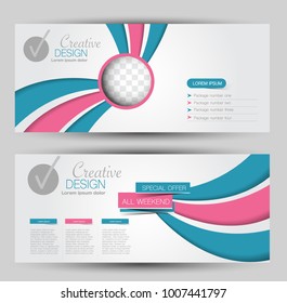 Flyer banner or web header template set. Vector illustration promotion design background. Blue and pink color.