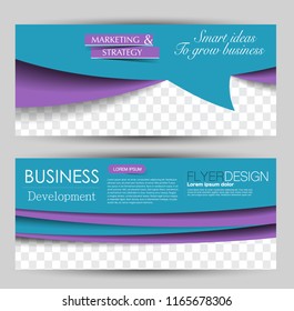 Flyer banner or web header template set. Vector illustration promotion design background. Blue and purple color.