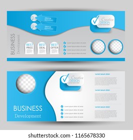 Flyer banner or web header template set. Vector illustration promotion design background. Blue color.