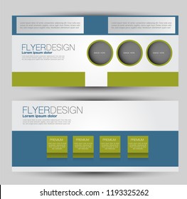 Flyer banner or web header template set. Vector illustration promotion design background. Green and blue color.