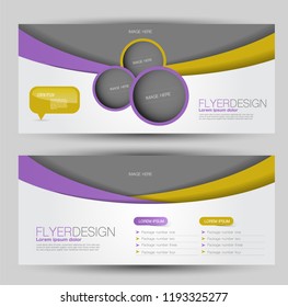 Flyer banner or web header template set. Vector illustration promotion design background. Purple and yellow color.