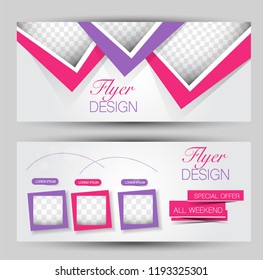 Flyer banner or web header template set. Vector illustration promotion design background. Purple and pink color.