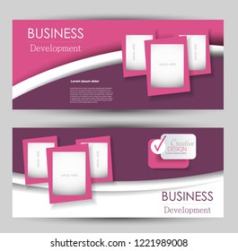 Flyer banner or web header template set. Vector illustration promotion design background. Pink color.