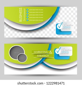 Flyer banner or web header template set. Vector illustration promotion design background. Blue and green color.