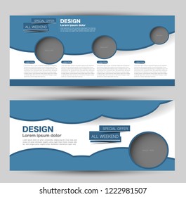 Flyer banner or web header template set. Vector illustration promotion design background. Blue color.