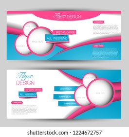 Flyer banner or web header template set. Vector illustration promotion design background. Blue and pink color.