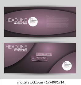 Flyer banner or web header template set. Vector illustration promotion design background. Purple color.