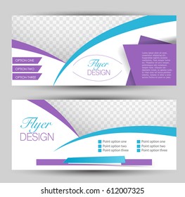 Flyer banner or web header template set. Vector illustration promotion design background. Blue and purple color.