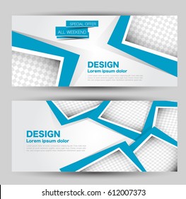 Flyer banner or web header template set. Vector illustration promotion design background. Blue color.