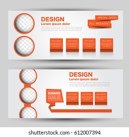 Flyer banner or web header template set. Vector illustration promotion design background. Orange color.