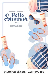 Flyer mit Strandtasche und Zubehör. Sommerzeit, Hallo Sommer, Strandleben. Rabatt Banner, Werbung, Werbung.