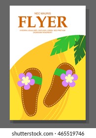 Flyer with Beach shoes on the sandy background. Slippers near palms. Vector illustration