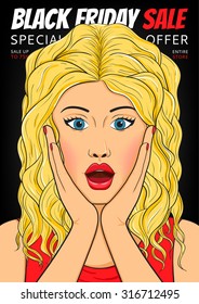 Flyer of Black Friday sale with surprised woman with open mouth and bubble in style pop art. Vector background of sale in pop art style.