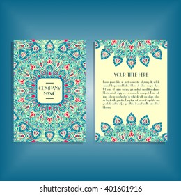 Flyer with blue and red round mandala pattern and ornament. Oriental flyer mock-up, floral card design layout template. Size A5. Front and back sides. Editable and movable objects. EPS 10.