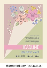 Flyer with a bouquet of flowers, ajar page. Cover for the catalog of flowers, aromatherapy.