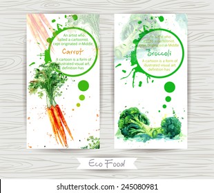 Flyer with broccoli and carrot. Watercolor illustration.  Vector Poster Templates with Paint Splash and vegetables.