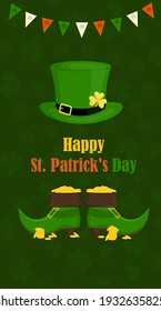 Flyer, brochure, banner for St. Patrick's Day. A leprechaun hat, boots with gold coins on a green background. Vector illustration.