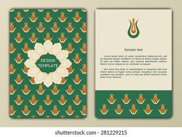 Flyer, brochure, booklet cover design templates in retro style on abstract backgrounds with arabian patterns. Can use for greeting cards, wedding invitations, retro parties and advertising.