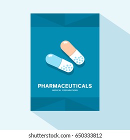 Flyer or brochure cover flat design with medical pills icon