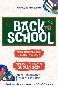 Flyer brochure cover template for studying, education, learning, back to school, student, stationery. Flat design vector illustration for poster, print, banner, background, advertising.