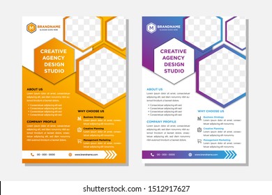 Flyer Brochure Design, Business Flyer Size A4 Template, Creative Leaflet, Trend Cover Hexagon. Gradient Orange And Blue Colors. Layout Space For Photo Collage. 