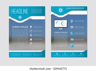 Plantilla de diseño de folleto con fondo borroso y conjunto de iconos de marketing empresarial y elementos infográficos. Tamaño A4. Ilustración del vector