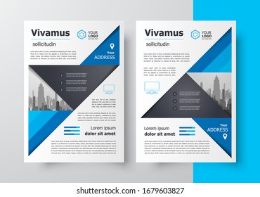 Flyer brochure design template set front and back, size A4 triangles theme blue color