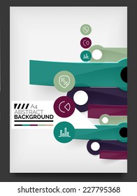 Volante, plantilla de diseño de folleto, con pegatinas y elementos de infografía