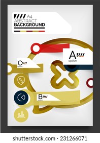 Volante, plantilla de diseño de folleto, con pegatinas y elementos de infografía