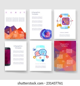 Flyer, Brochure Design Templates. Geometric Triangular Abstract Modern Backgrounds. Mobile Technologies, Applications and Infographic Concept. Vector Poster Templates with Watercolor Paint Splash. 