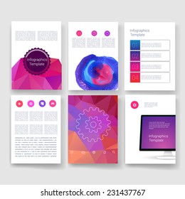 Flyer, Brochure Design Templates. Geometric Triangular Abstract Modern Backgrounds. Mobile Technologies, Applications and Infographic Concept. Vector Poster Templates with Watercolor Paint Splash. 