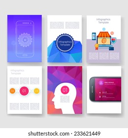 Flyer, Brochure Design Templates set. Geometric Triangular Abstract Modern Backgrounds. Mobile Technologies, Applications and Infographic Concept. 