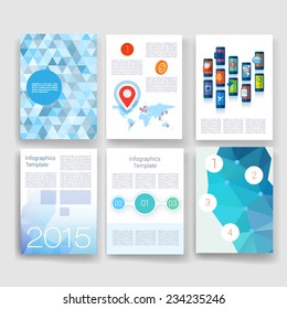 Flyer, Brochure Design Templates set. Geometric Triangular Abstract Modern Backgrounds. Mobile Technologies, Applications and Infographic Concept. Year 2015.