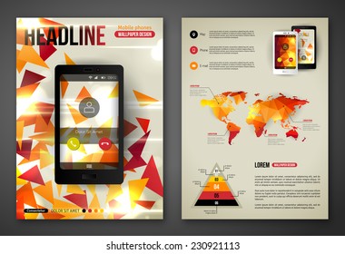 Flyer or Brochure Design Templates. Vector illustration. Geometric Triangular Abstract Modern Background. Mobile Technologies, Applications and Online Services Infographic Concept.