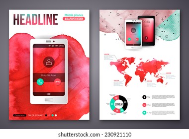 Flyer or Brochure Design Templates with Watercolor Paint Splash. Abstract Mobile Technologies Concept. Flat Style Web and Infographic Icons.