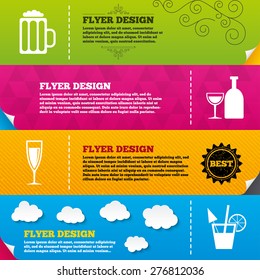 Flyer brochure designs. Alcoholic drinks icons. Champagne sparkling wine and beer symbols. Wine glass and cocktail signs. Frame design templates. Vector