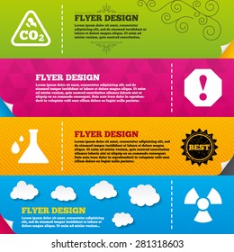 Flyer brochure designs. Attention and radiation icons. Chemistry flask sign. CO2 carbon dioxide symbol. Frame design templates. Vector
