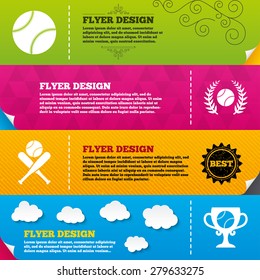 Flyer brochure designs. Baseball sport icons. Ball with glove and two crosswise bats signs. Winner award cup symbol. Frame design templates. Vector