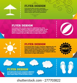 Flyer brochure designs. Beach holidays icons. Ball, umbrella and flip-flops sandals signs. Summer sun symbol. Frame design templates. Vector