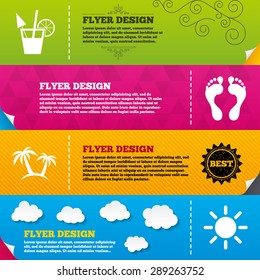 Flyer brochure designs. Beach holidays icons. Cocktail, human footprints and palm trees signs. Summer sun symbol. Frame design templates. Vector