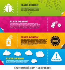 Flyer brochure designs. Bug disinfection icons. Caution attention symbol. Insect fumigation spray sign. Frame design templates. Vector