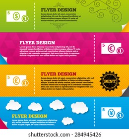 Flyer brochure designs. Businessman case icons. Dollar, yen, euro and pound currency sign symbols. Frame design templates. Vector