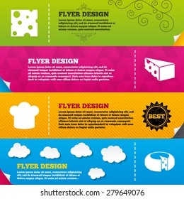 Flyer brochure designs. Cheese icons. Round cheese wheel sign. Sliced food with chief hat symbols. Frame design templates. Vector