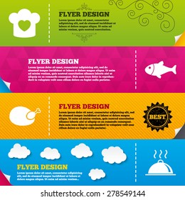 Flyer brochure designs. Chief hat with heart and cooking pan icons. Fish and chicken signs. Hot food platter serving symbol. Frame design templates. Vector