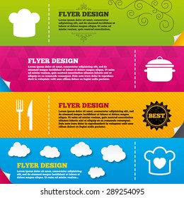 Flyer brochure designs. Chief hat and cooking pan icons. Fork and knife signs. Boil or stew food symbols. Frame design templates. Vector